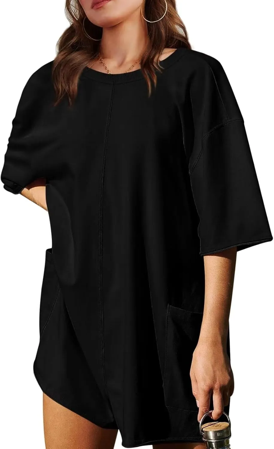 Womens Oversized Tee Shirt Romper Back V Neck Short Sleeve Loose Jumpsuit Shorts