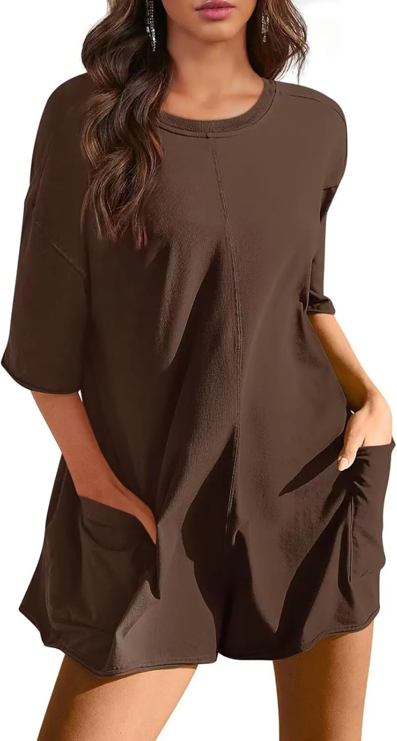 Womens Oversized Tee Shirt Romper Back V Neck Short Sleeve Loose Jumpsuit Shorts