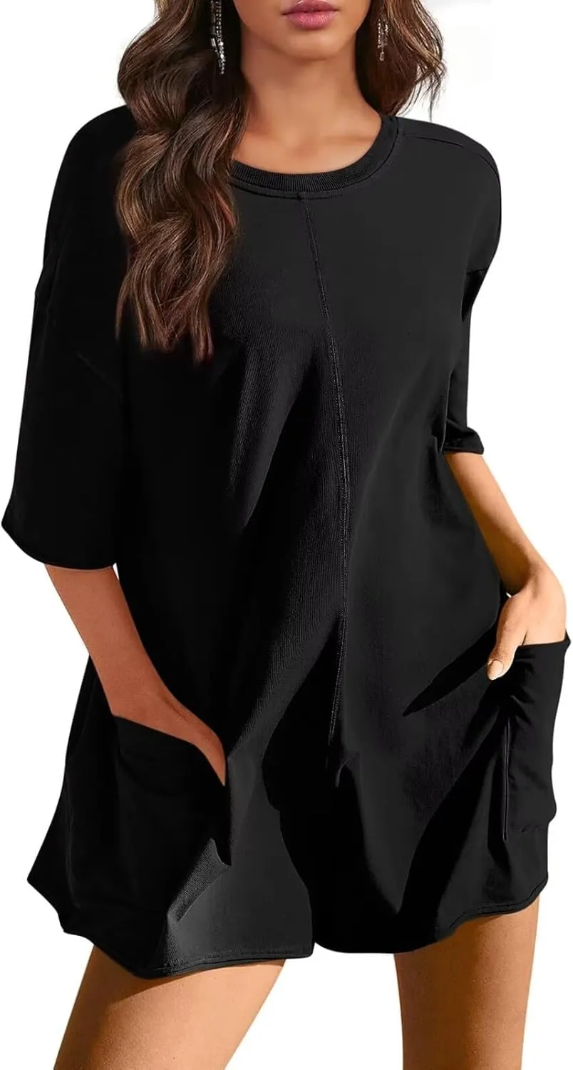 Womens Oversized Tee Shirt Romper Back V Neck Short Sleeve Loose Jumpsuit Shorts