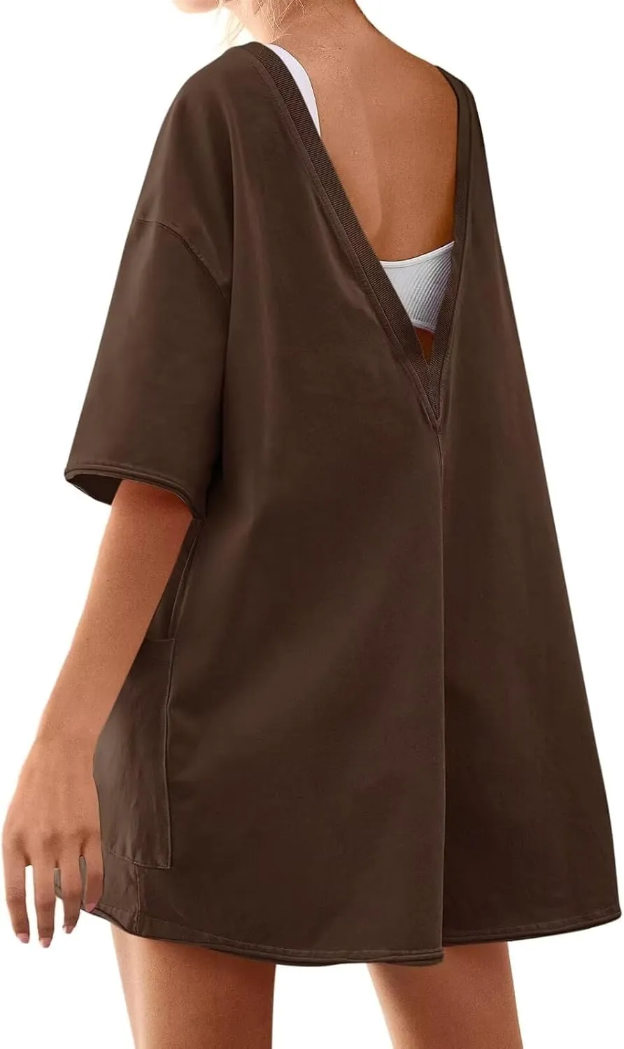 Womens Oversized Tee Shirt Romper Back V Neck Short Sleeve Loose Jumpsuit Shorts