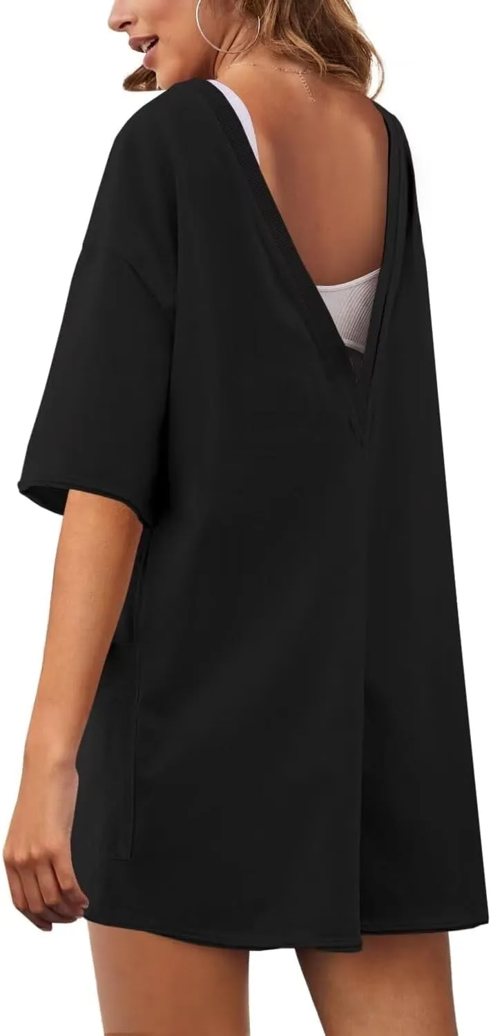 Womens Oversized Tee Shirt Romper Back V Neck Short Sleeve Loose Jumpsuit Shorts