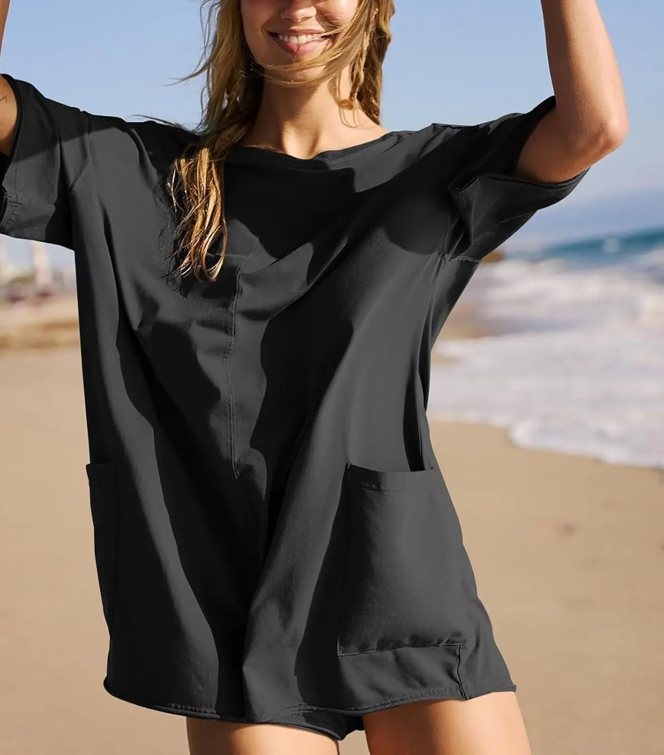Womens Oversized Tee Shirt Romper Back V Neck Short Sleeve Loose Jumpsuit Shorts
