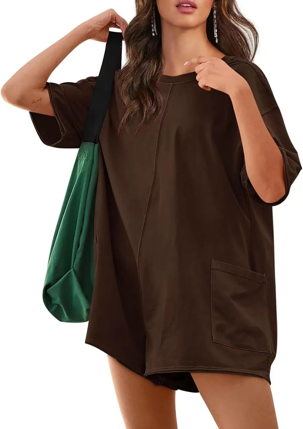 Womens Oversized Tee Shirt Romper Back V Neck Short Sleeve Loose Jumpsuit Shorts