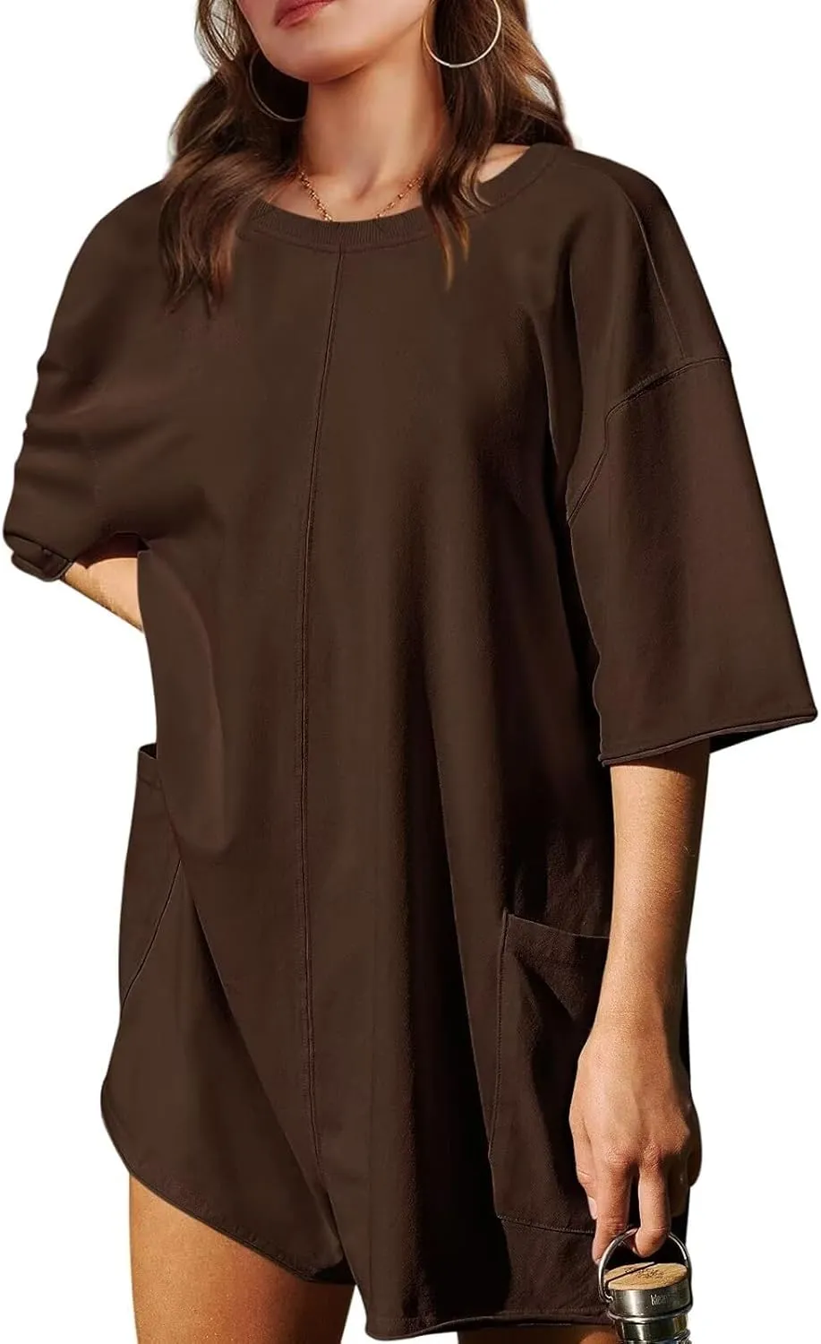 Womens Oversized Tee Shirt Romper Back V Neck Short Sleeve Loose Jumpsuit Shorts