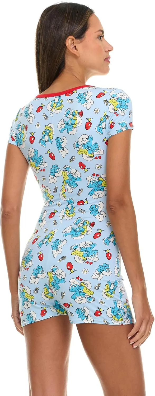 Womens Romper - 1 Piece Short Sleeve Smurf Onesie Pajama All Over Print Sleepwear for Women (Sizes: S-XL)