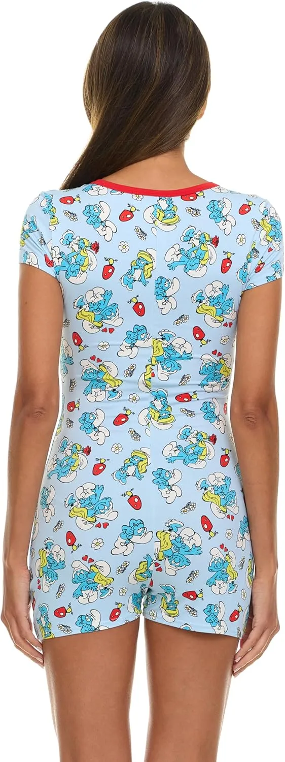 Womens Romper - 1 Piece Short Sleeve Smurf Onesie Pajama All Over Print Sleepwear for Women (Sizes: S-XL)