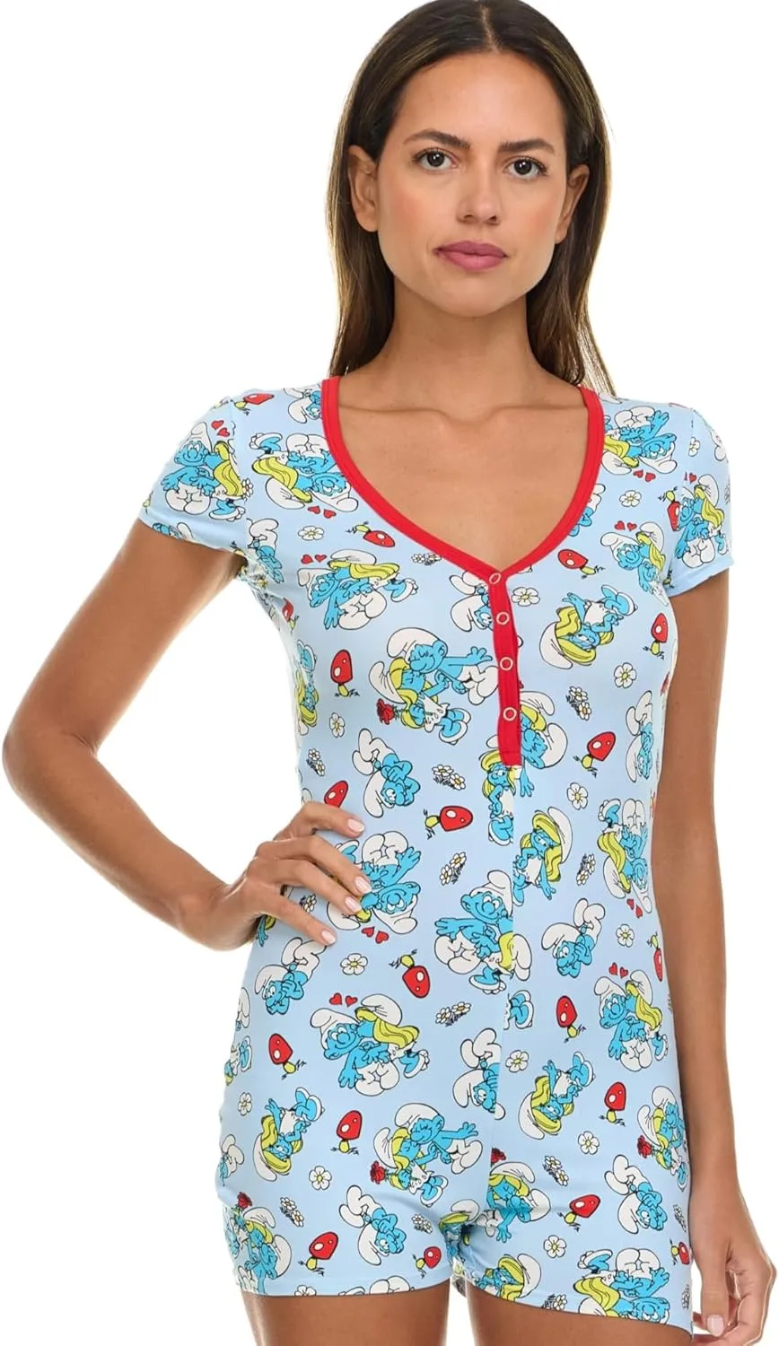 Womens Romper - 1 Piece Short Sleeve Smurf Onesie Pajama All Over Print Sleepwear for Women (Sizes: S-XL)