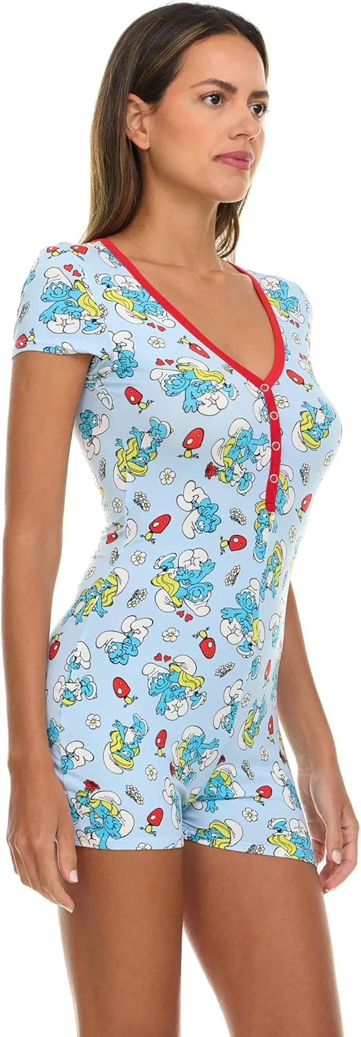 Womens Romper - 1 Piece Short Sleeve Smurf Onesie Pajama All Over Print Sleepwear for Women (Sizes: S-XL)