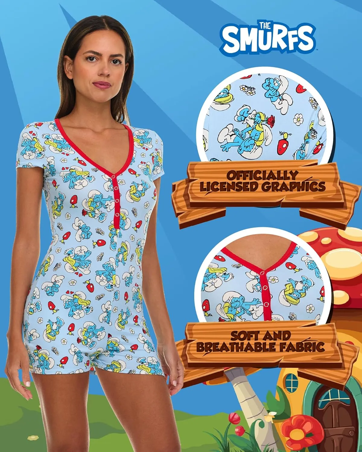 Womens Romper - 1 Piece Short Sleeve Smurf Onesie Pajama All Over Print Sleepwear for Women (Sizes: S-XL)