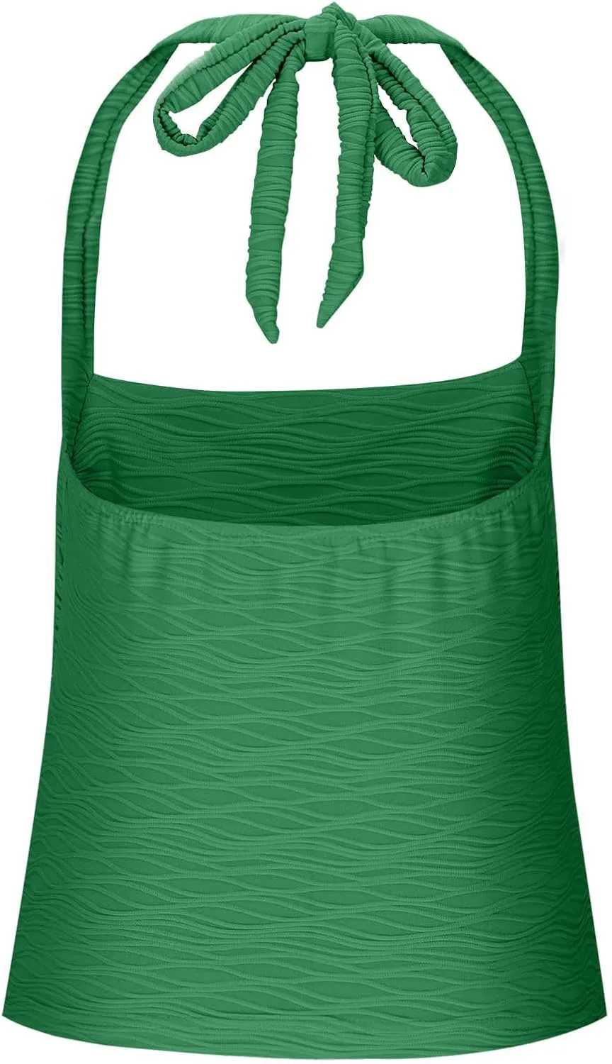 Women's Ruched Halterneck Y2K Crop Tops Tie Back Sleeveless Slim Fit Cami Top Teen Girls Textured Square Neck Shirts