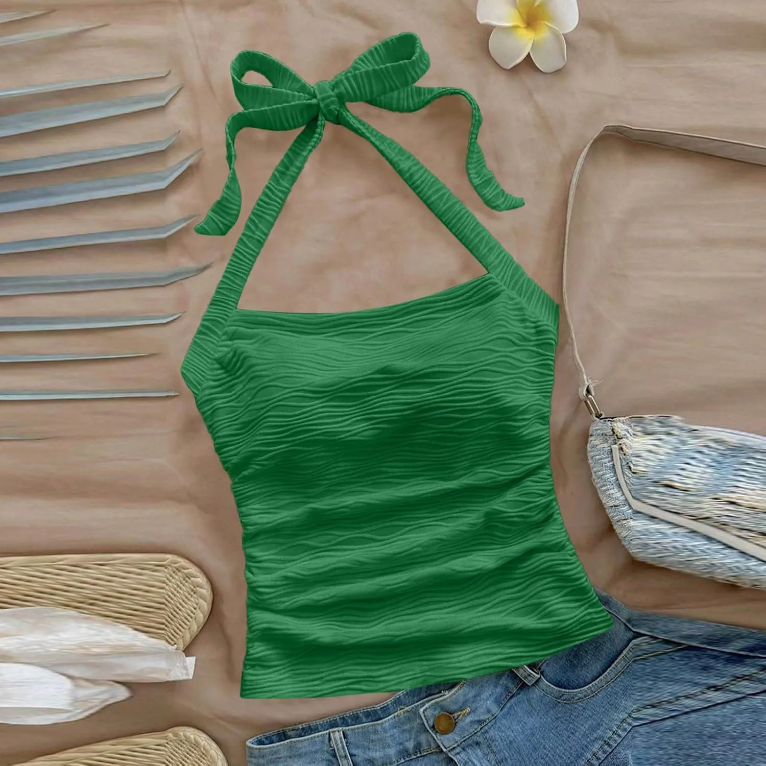 Women's Ruched Halterneck Y2K Crop Tops Tie Back Sleeveless Slim Fit Cami Top Teen Girls Textured Square Neck Shirts