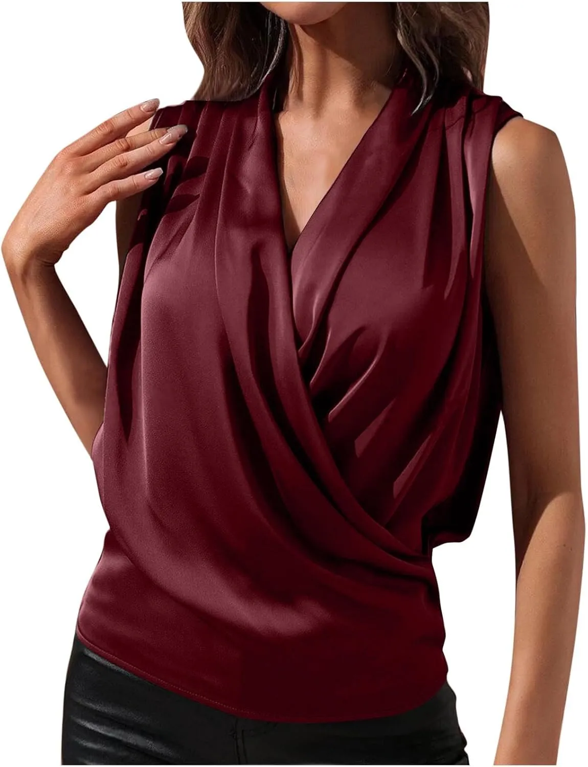 Women's Satin Silky Cowl Neck Drape Ruched Front Sleeveless Tank Blouse Shirts Top