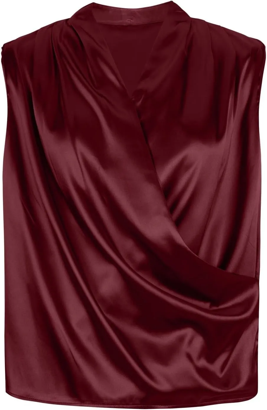 Women's Satin Silky Cowl Neck Drape Ruched Front Sleeveless Tank Blouse Shirts Top