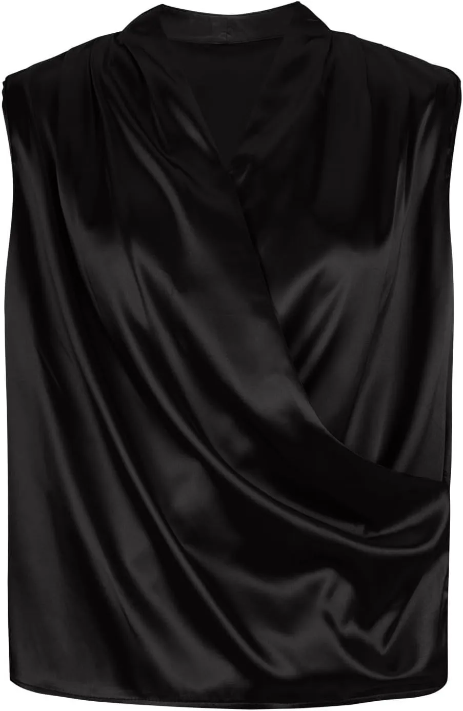 Women's Satin Silky Cowl Neck Drape Ruched Front Sleeveless Tank Blouse Shirts Top