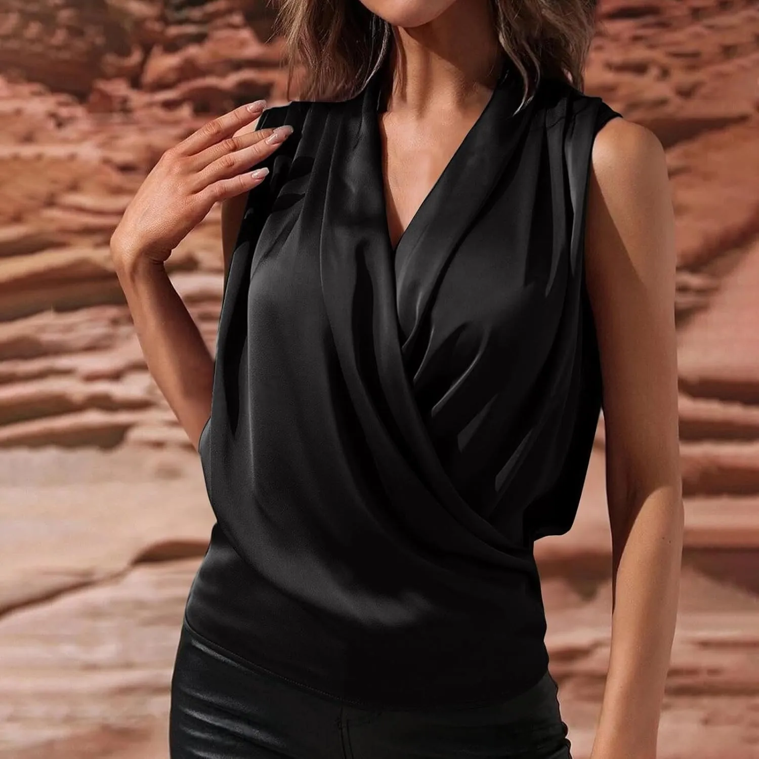 Women's Satin Silky Cowl Neck Drape Ruched Front Sleeveless Tank Blouse Shirts Top