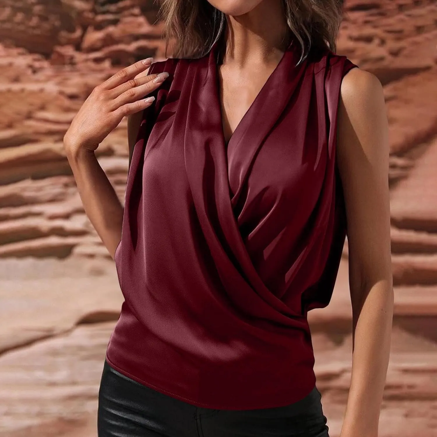 Women's Satin Silky Cowl Neck Drape Ruched Front Sleeveless Tank Blouse Shirts Top