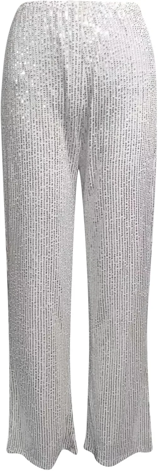 Women's Sequin Flared Pants Sparkly Glitter High Waist Wide Leg Flare Trousers Stretchy Trendy Bell Bottom Night Out Clubwear