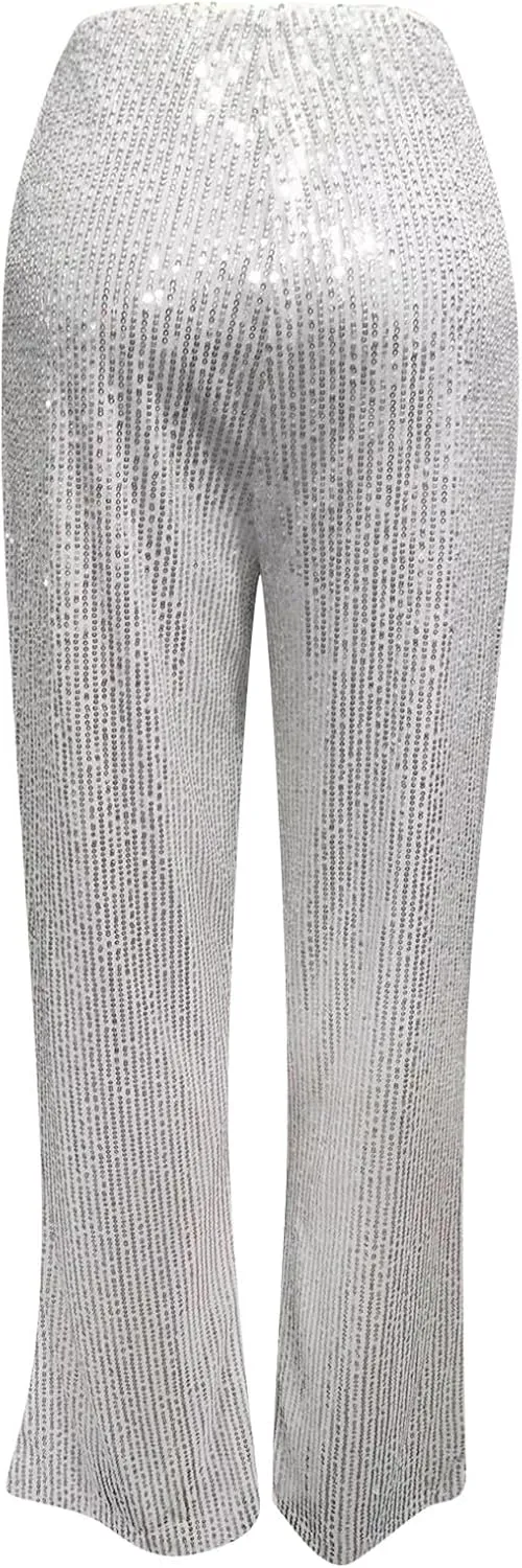 Women's Sequin Flared Pants Sparkly Glitter High Waist Wide Leg Flare Trousers Stretchy Trendy Bell Bottom Night Out Clubwear