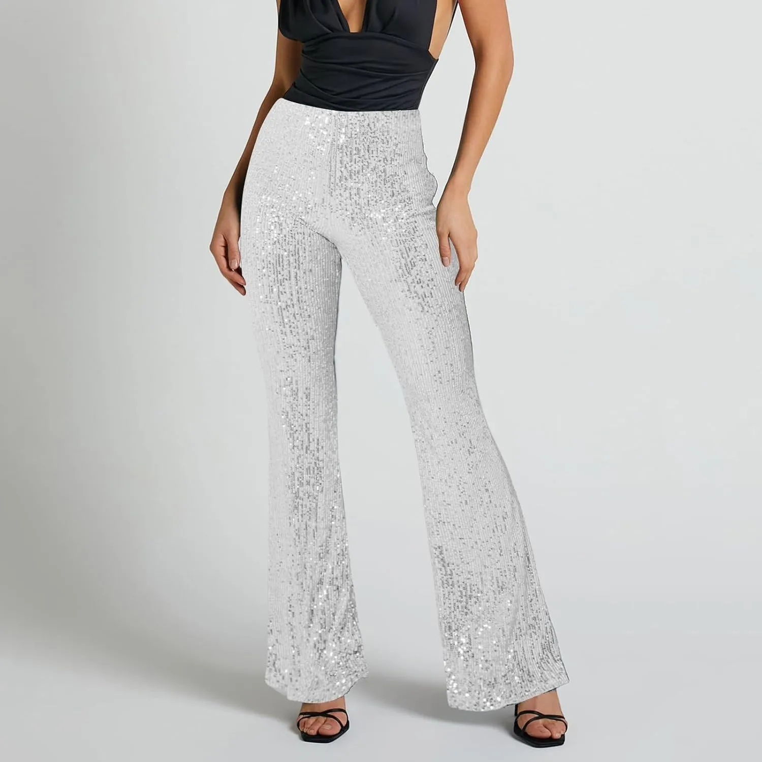 Women's Sequin Flared Pants Sparkly Glitter High Waist Wide Leg Flare Trousers Stretchy Trendy Bell Bottom Night Out Clubwear
