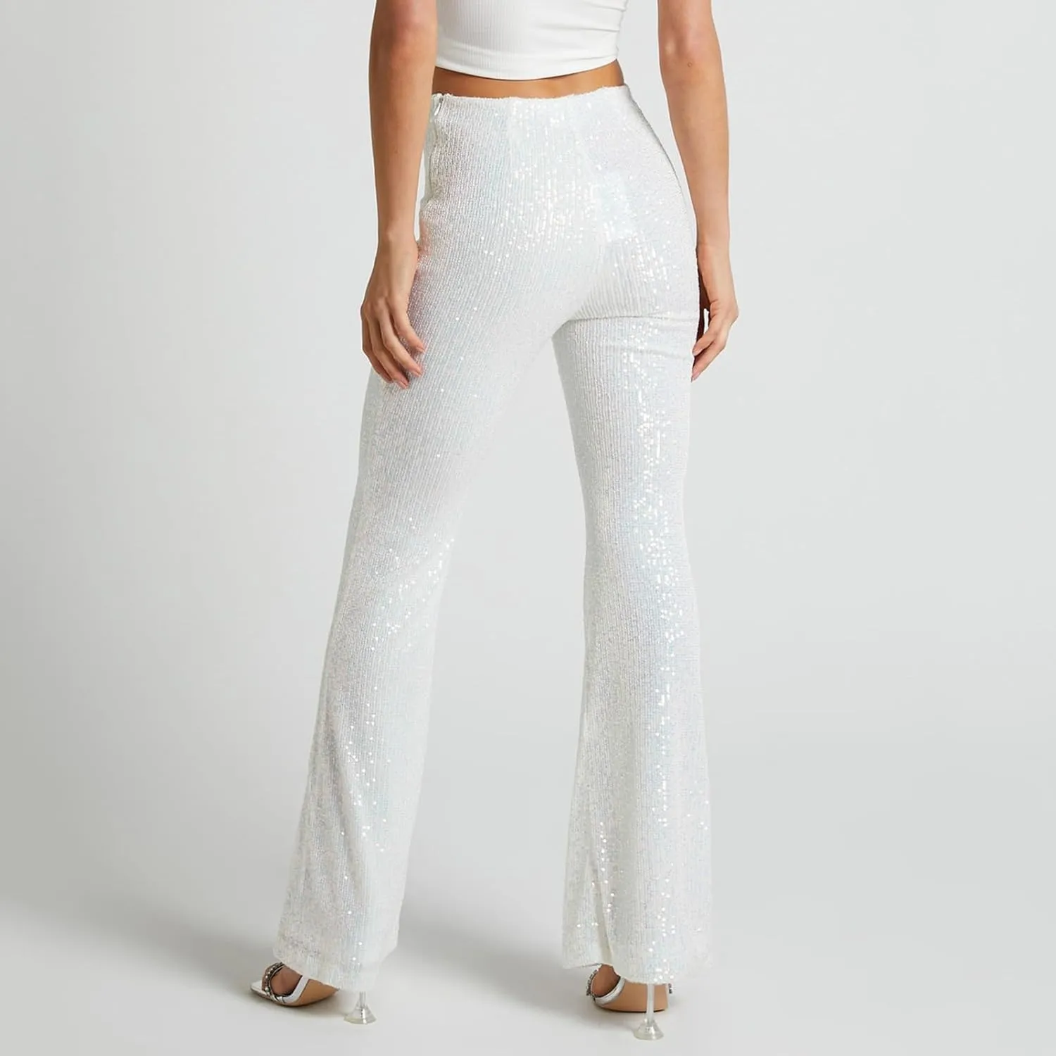 Women's Sequin Flared Pants Sparkly Glitter High Waist Wide Leg Flare Trousers Stretchy Trendy Bell Bottom Night Out Clubwear