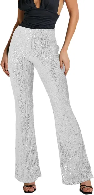 Women's Sequin Flared Pants Sparkly Glitter High Waist Wide Leg Flare Trousers Stretchy Trendy Bell Bottom Night Out Clubwear