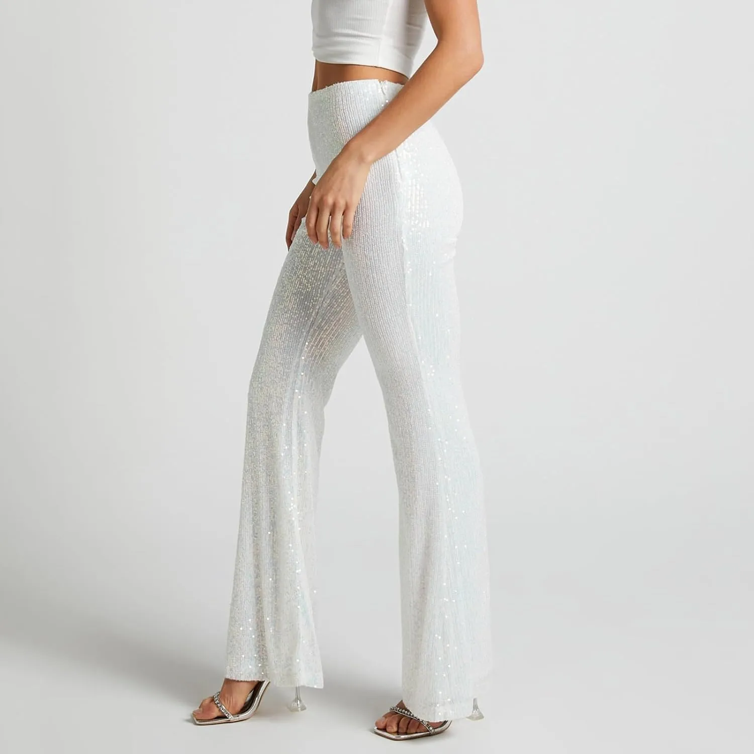 Women's Sequin Flared Pants Sparkly Glitter High Waist Wide Leg Flare Trousers Stretchy Trendy Bell Bottom Night Out Clubwear