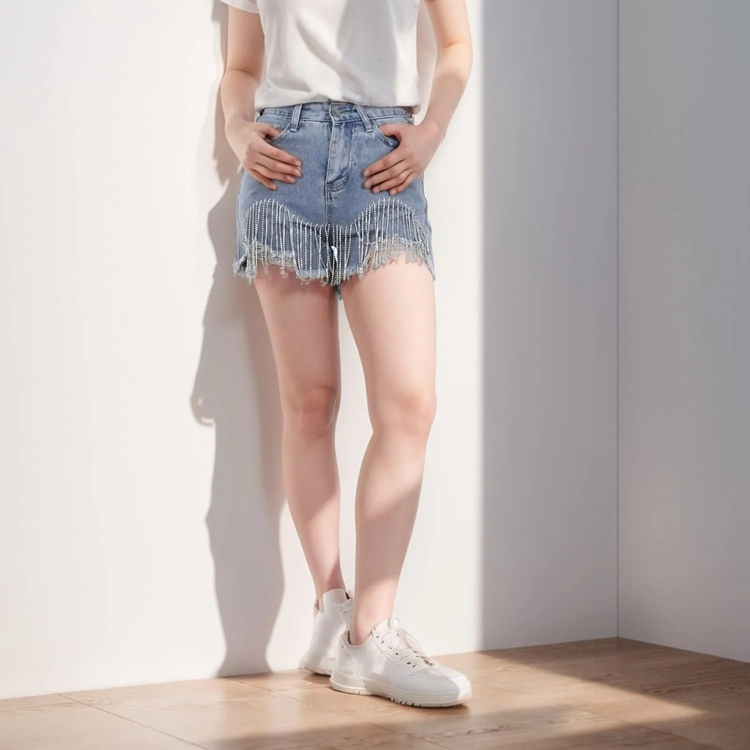 Women's Sexy Cut Off Shorts Tassel Chain Shiny High Waisted Jean Shorts Streetwear Frayed Party Rave Active Short
