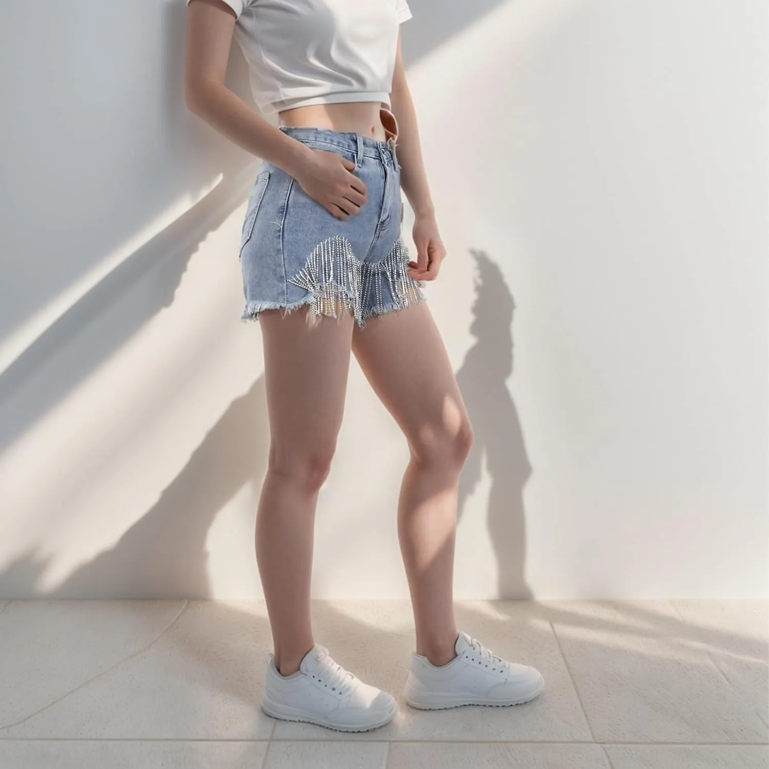 Women's Sexy Cut Off Shorts Tassel Chain Shiny High Waisted Jean Shorts Streetwear Frayed Party Rave Active Short