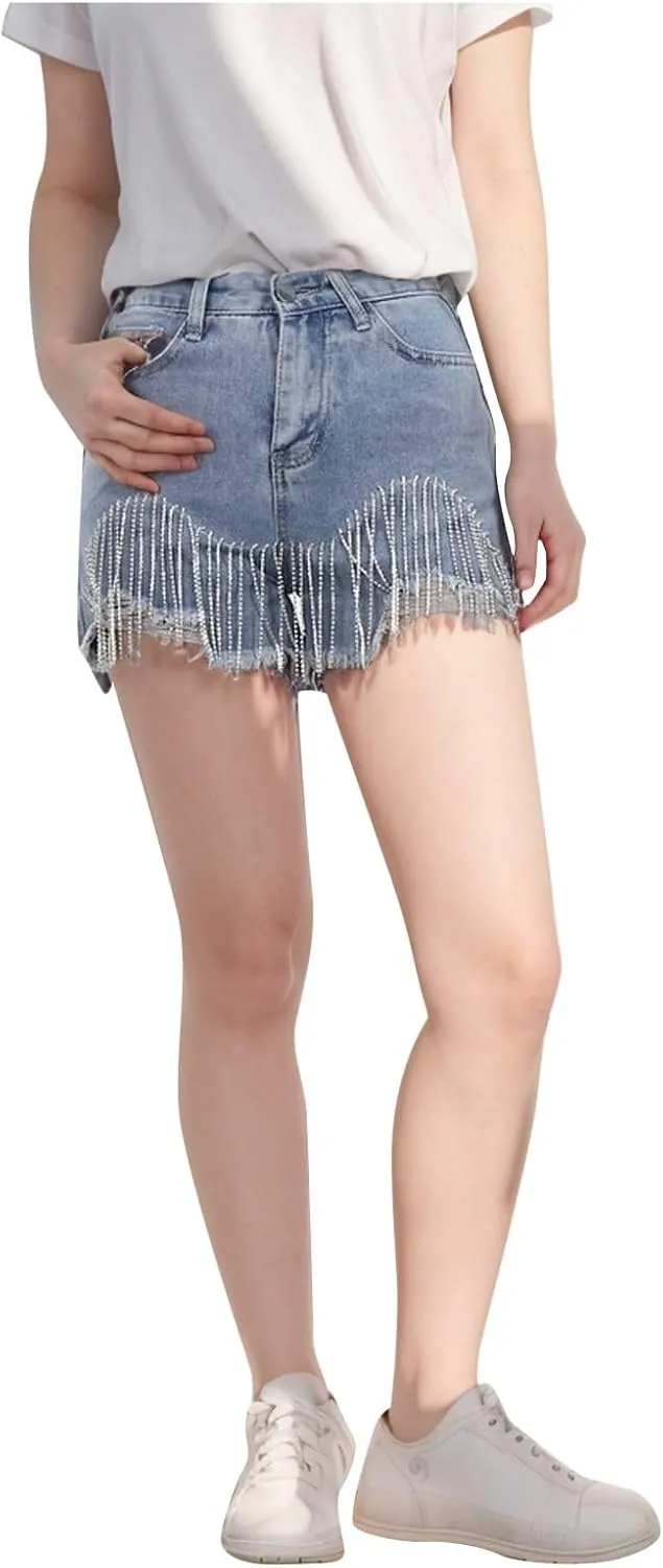 Women's Sexy Cut Off Shorts Tassel Chain Shiny High Waisted Jean Shorts Streetwear Frayed Party Rave Active Short