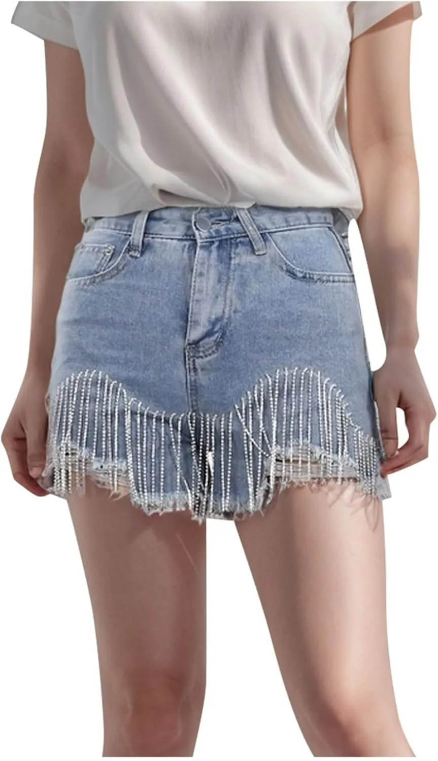 Women's Sexy Cut Off Shorts Tassel Chain Shiny High Waisted Jean Shorts Streetwear Frayed Party Rave Active Short