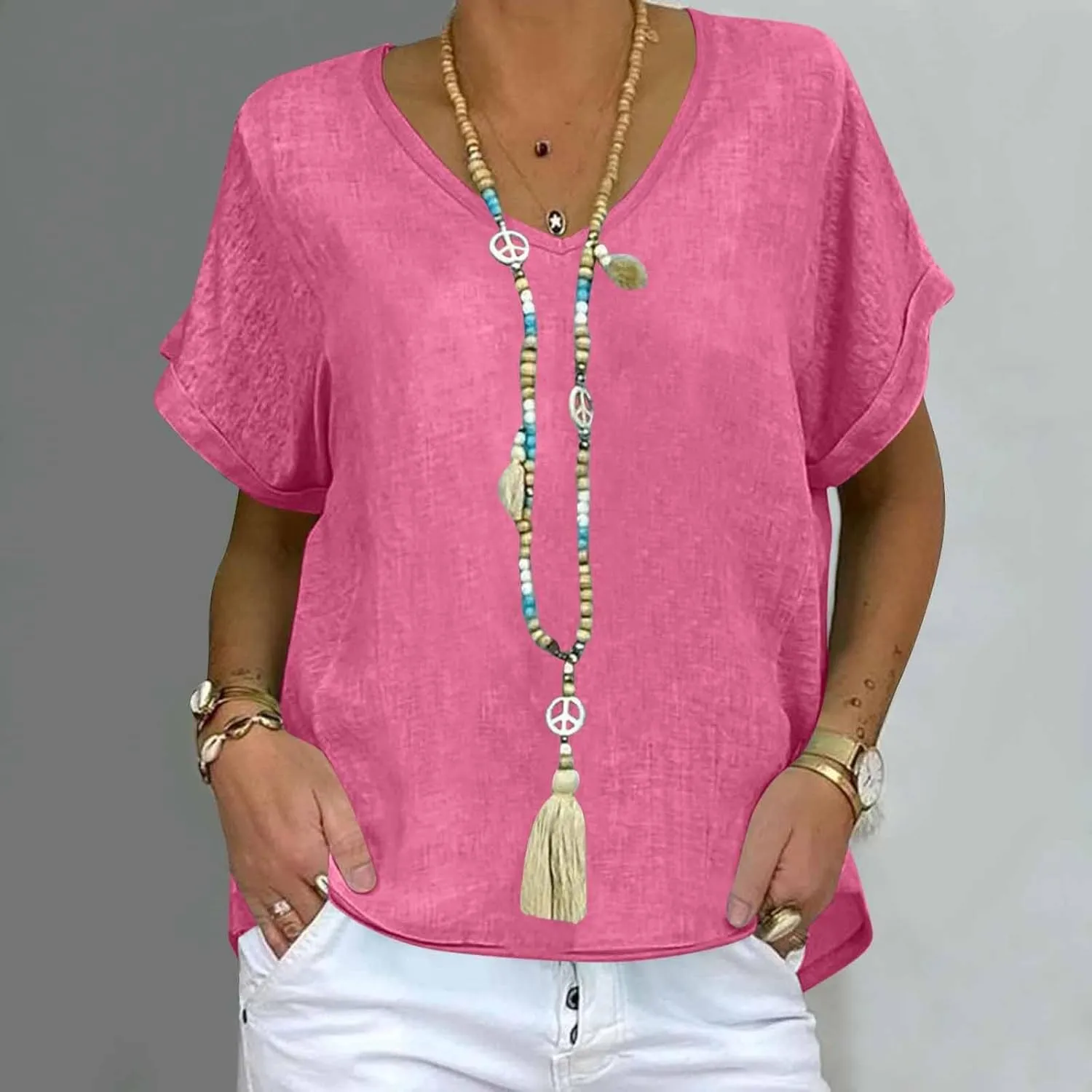 Womens Short Sleeve Cotton Linen Shirts Causal V-Neck Batwing Oversized T-Shirt Loose Summer Tops Blouse
