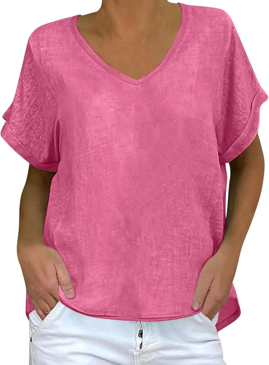 Womens Short Sleeve Cotton Linen Shirts Causal V-Neck Batwing Oversized T-Shirt Loose Summer Tops Blouse