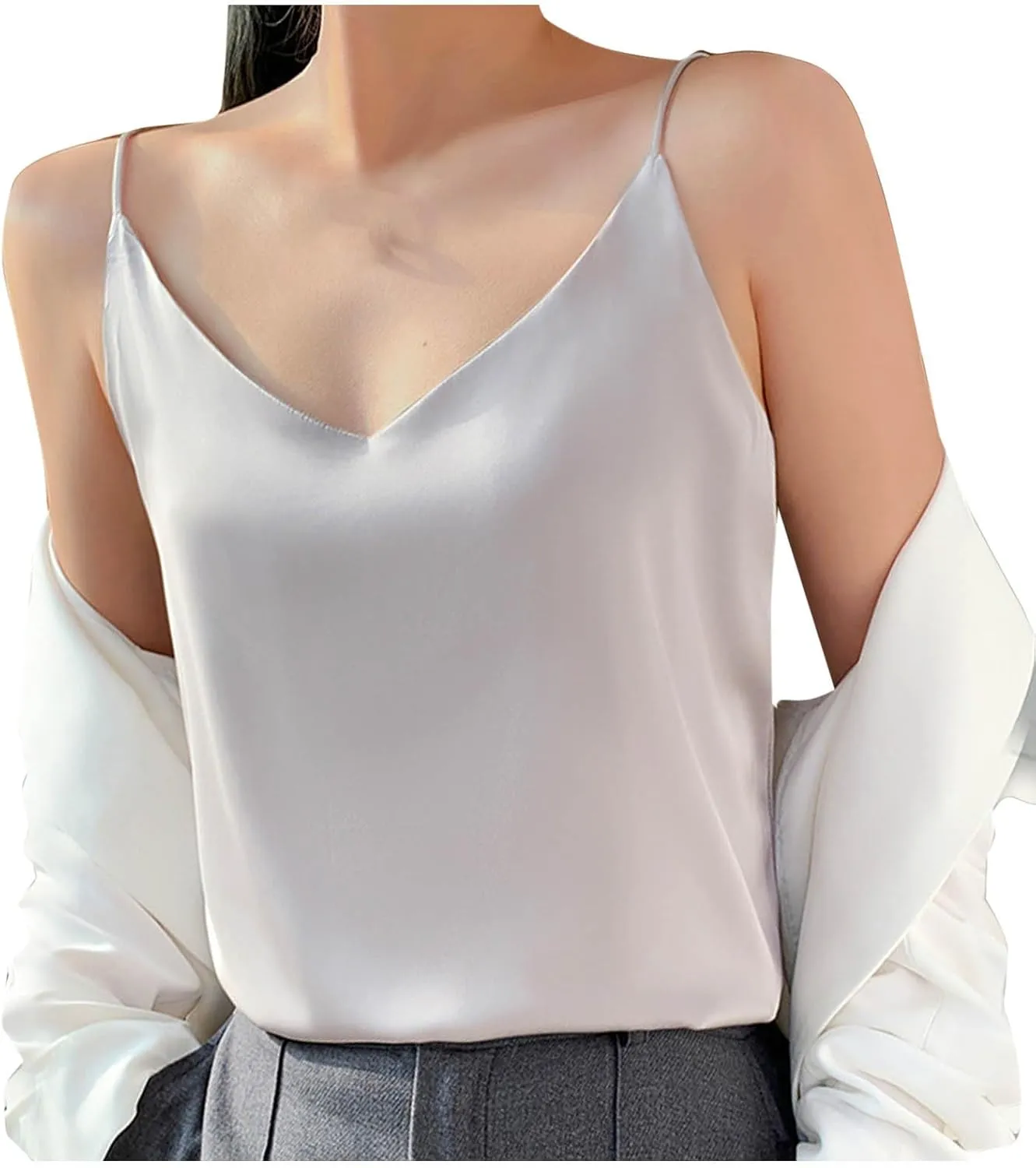 Womens Silk Satin Tank Tops V Neck Camisole Spaghetti Strap Y2k Dressy Shirts Summer Casual Going Out Basic Blouse