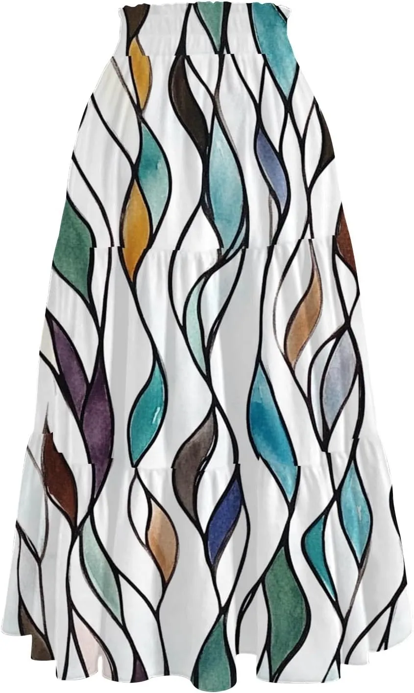 Women's Skirt 's 2025 Bohemian Ditzy Floral Printed Stretch Waist Midi Legth Skirt with Pockets, S-2XL