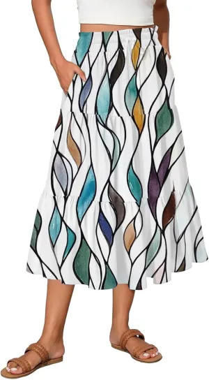 Women's Skirt 's 2025 Bohemian Ditzy Floral Printed Stretch Waist Midi Legth Skirt with Pockets, S-2XL