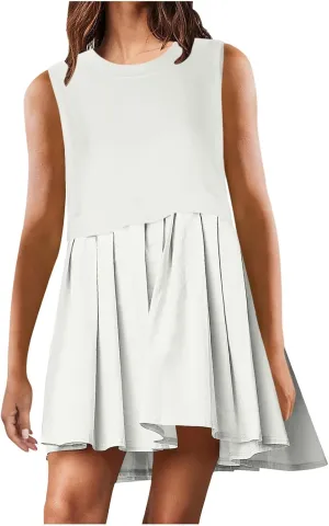 Womens Sleeveless Loose Beach Dress Simple Solid Color Sundresses Casual Crewneck Fashion 2024 Tank Dress