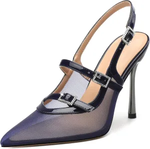 Womens Slingback Heels for Women Pointed Toe Closed Porosity Mesh Pumps Slip on Heeled Sandals Party Work Dress Shoes 3.5 Inch