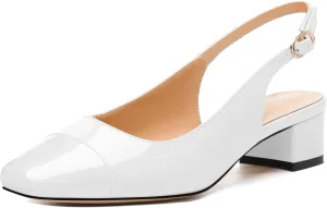 Women's Slingback Pumps, Low Chunky Heels Square Toe Pumps for Women, Block Heels Dress Shoes Closed Toe Comfortable Wedding Work Pump Sandals