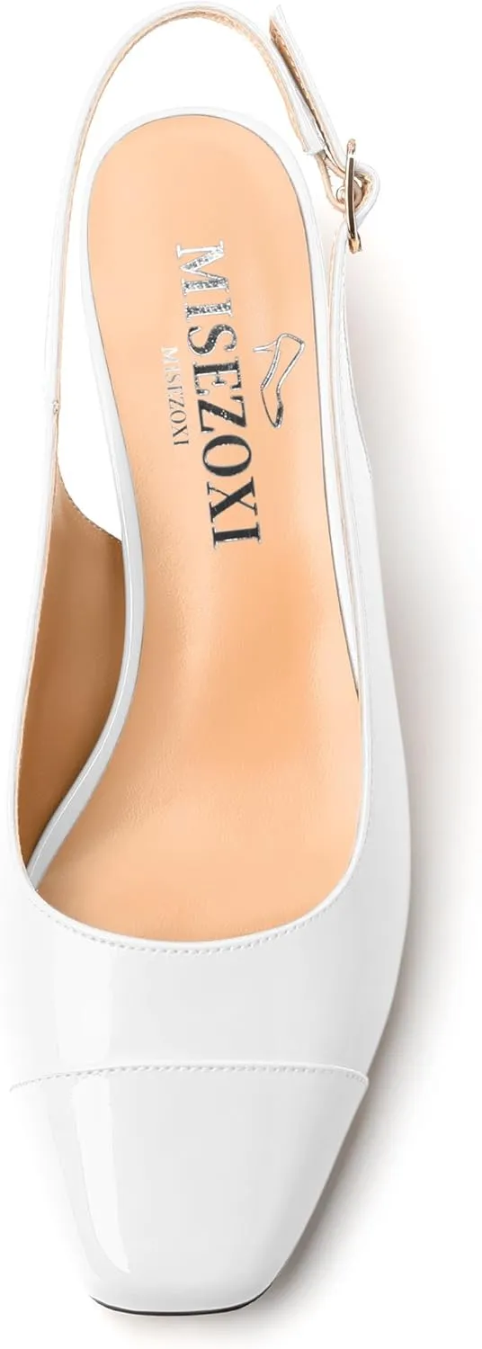 Women's Slingback Pumps, Low Chunky Heels Square Toe Pumps for Women, Block Heels Dress Shoes Closed Toe Comfortable Wedding Work Pump Sandals