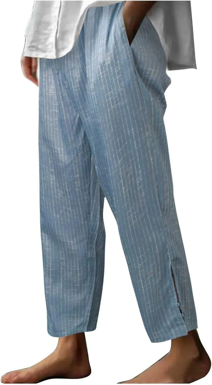 Womens Striped Pants Drawstring Elastic Waist Summer Lounge Pants Straight Leg Baggy Trendy Trousers with Pocket