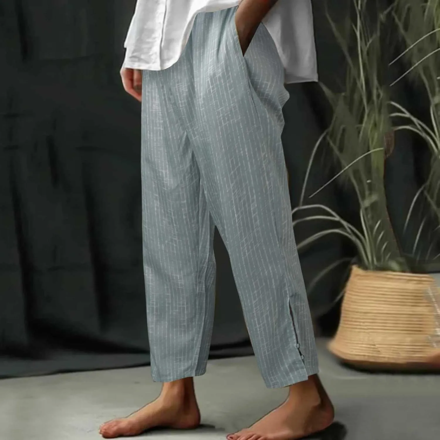Womens Striped Pants Drawstring Elastic Waist Summer Lounge Pants Straight Leg Baggy Trendy Trousers with Pocket