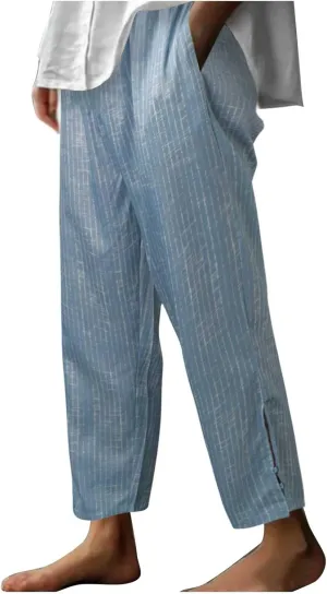 Womens Striped Pants Drawstring Elastic Waist Summer Lounge Pants Straight Leg Baggy Trendy Trousers with Pocket