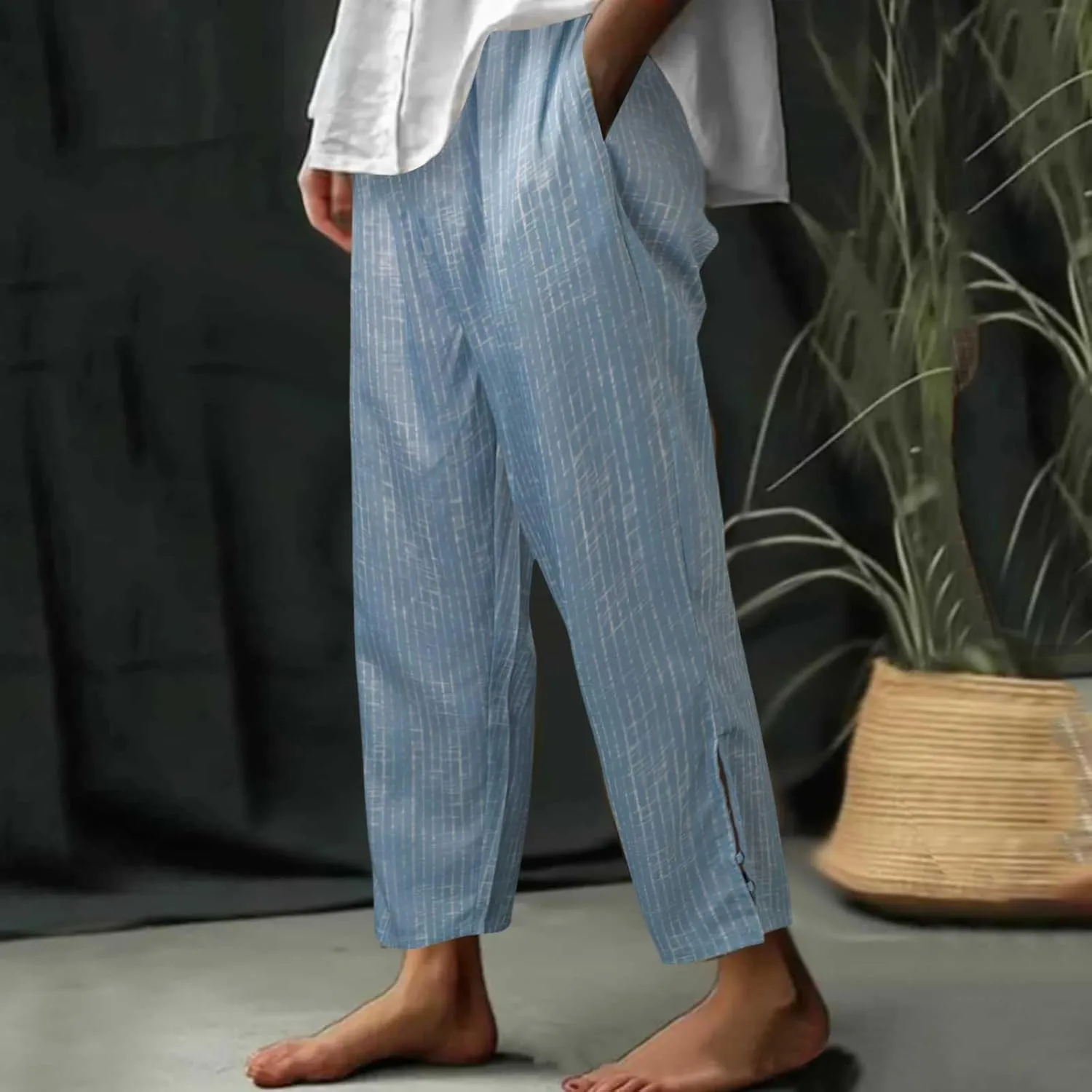 Womens Striped Pants Drawstring Elastic Waist Summer Lounge Pants Straight Leg Baggy Trendy Trousers with Pocket