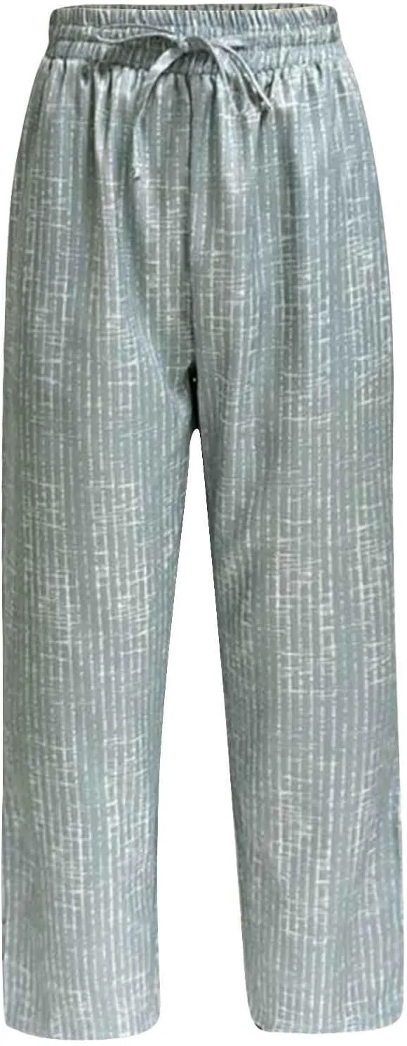 Womens Striped Pants Drawstring Elastic Waist Summer Lounge Pants Straight Leg Baggy Trendy Trousers with Pocket