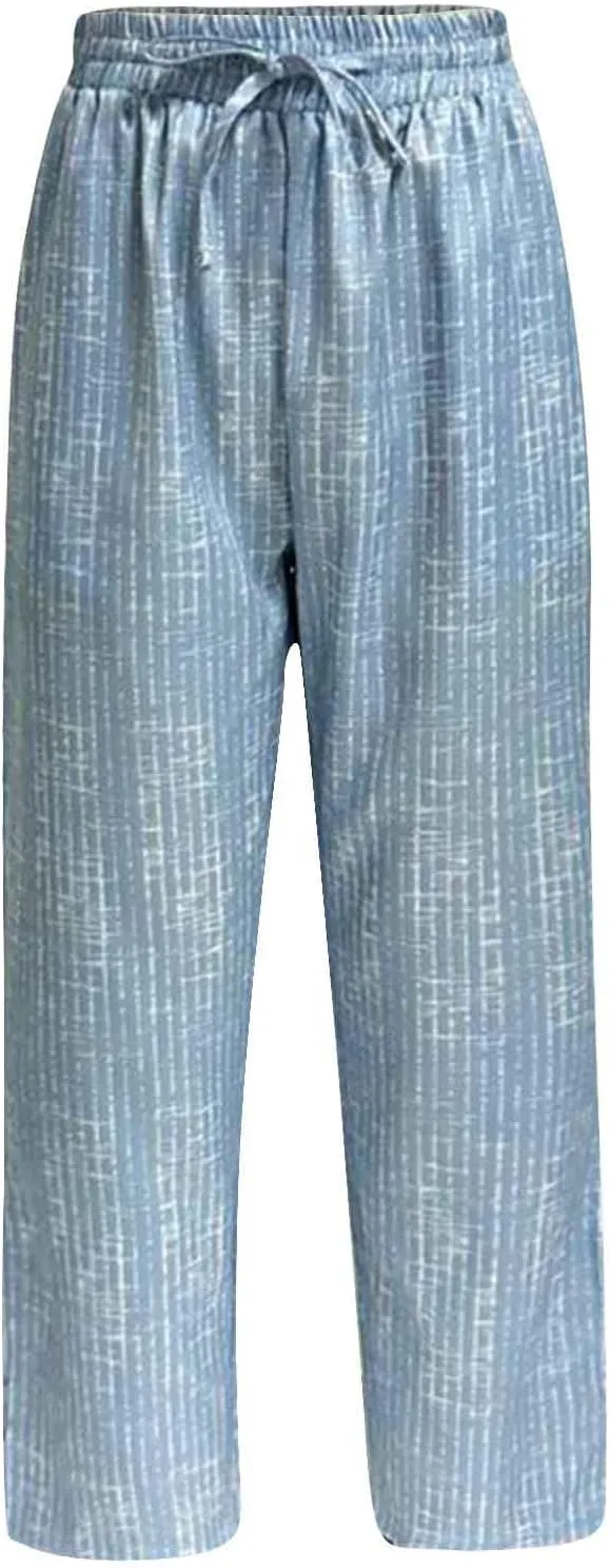 Womens Striped Pants Drawstring Elastic Waist Summer Lounge Pants Straight Leg Baggy Trendy Trousers with Pocket