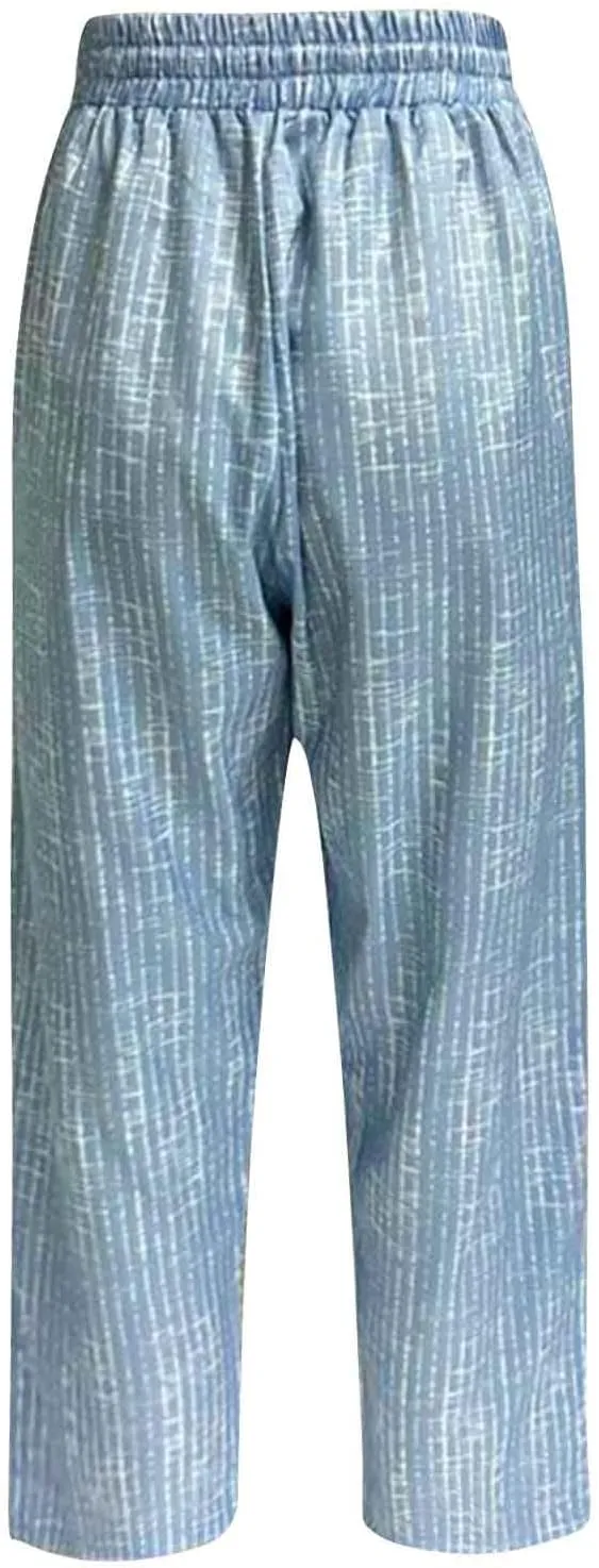 Womens Striped Pants Drawstring Elastic Waist Summer Lounge Pants Straight Leg Baggy Trendy Trousers with Pocket