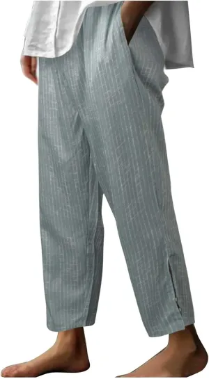 Womens Striped Pants Drawstring Elastic Waist Summer Lounge Pants Straight Leg Baggy Trendy Trousers with Pocket