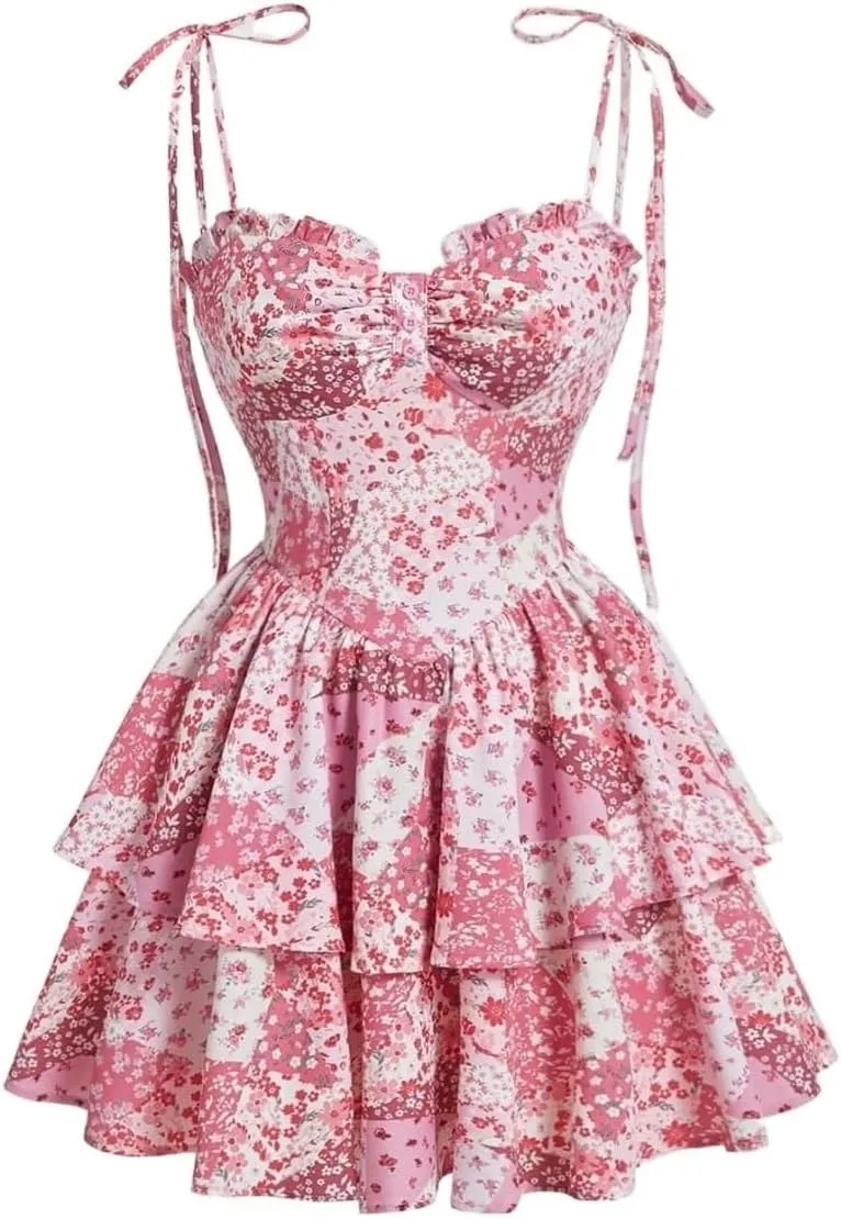 Womens Summer Dresses Sleeveless Floral Print Ruched Bust Tie Shoulder Ruffle Hem Cami Dress Short Mini Dress