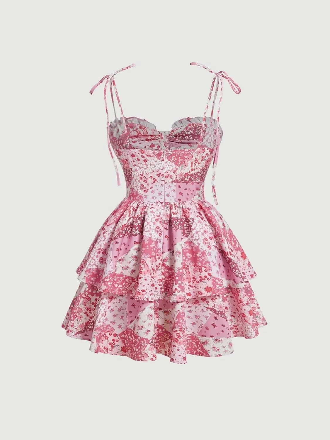 Womens Summer Dresses Sleeveless Floral Print Ruched Bust Tie Shoulder Ruffle Hem Cami Dress Short Mini Dress