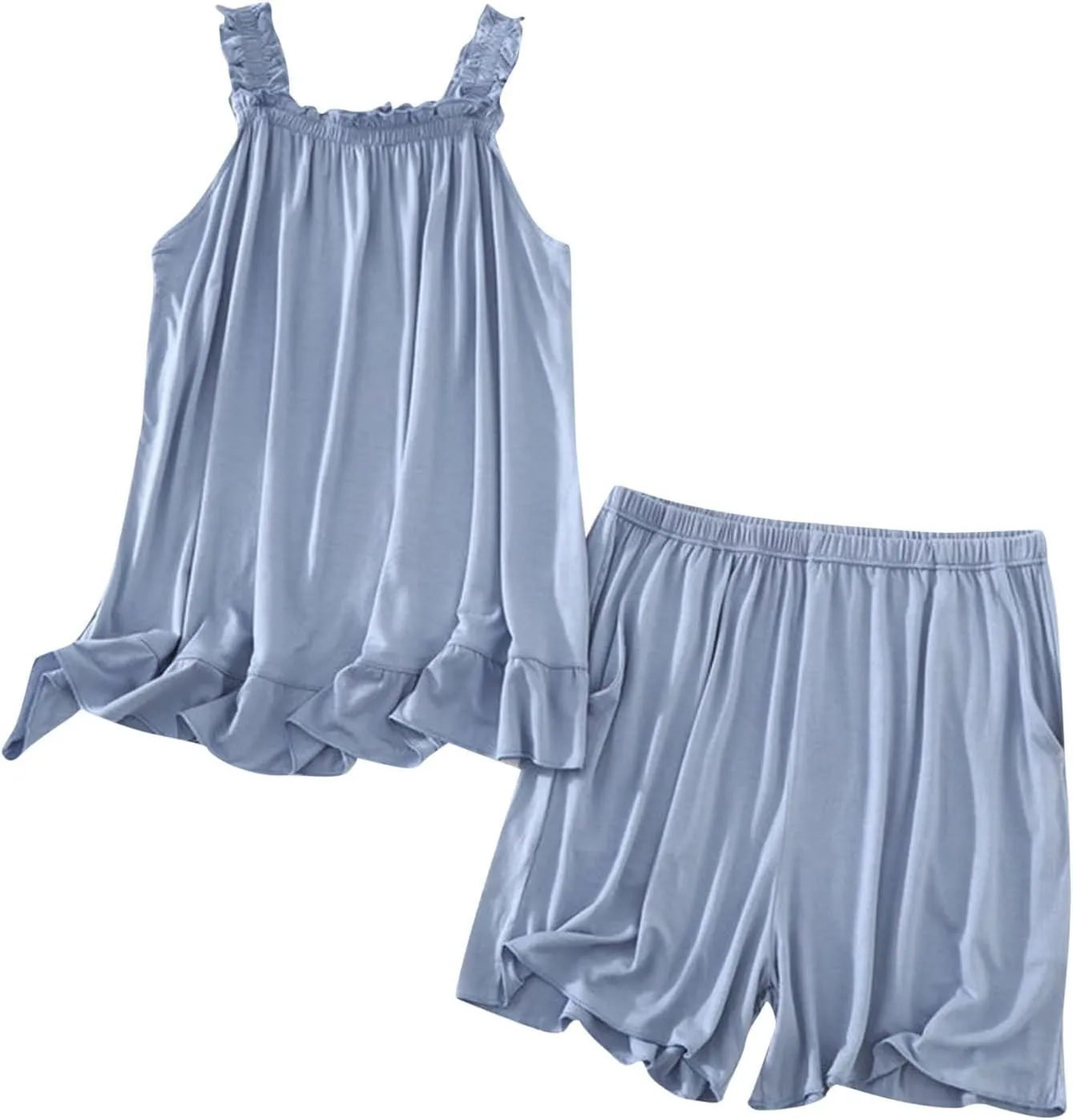 Womens Summer Pajama Sets Ruffle Sleeveless Tank Tops and Shorts Sleepwear 2 Piece Pjs Loungewear Soft Modal Pyjamas
